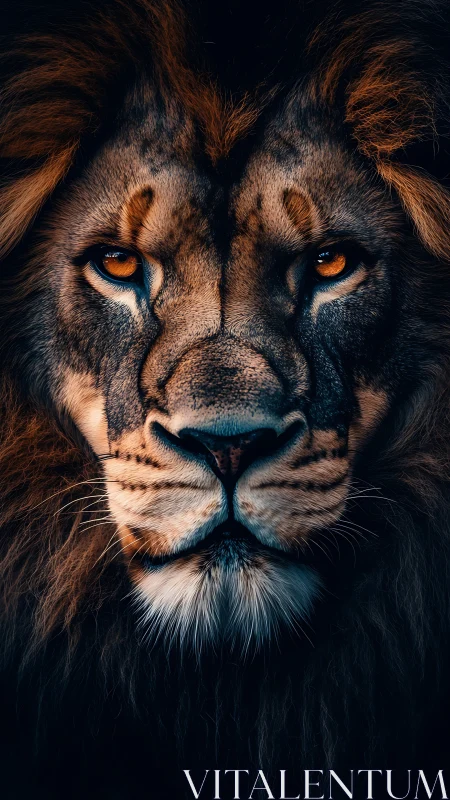 Majestic lion portrait under dramatic shadowed lighting.