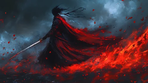 Lone swordsman strides through red flames under storm sky.