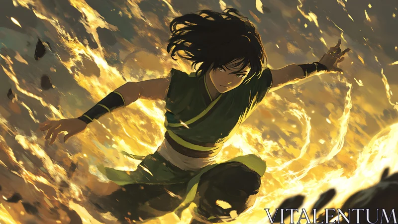 Elemental warrior lunging through molten earth and light.