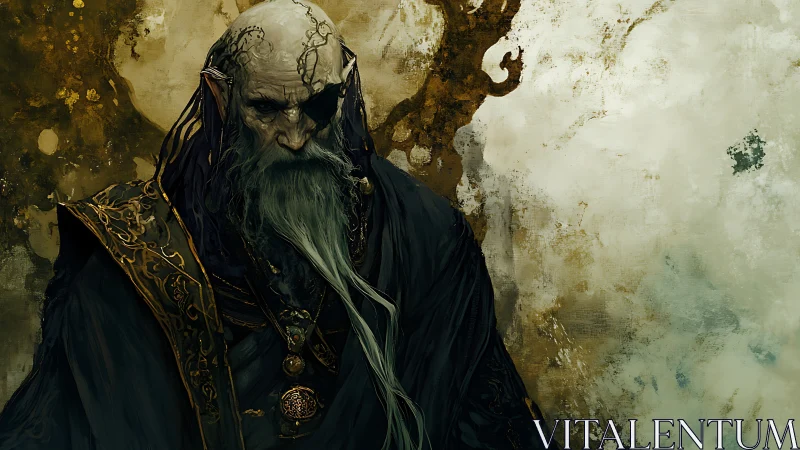 Elderly robed figure with eyepatch against worn backdrop.