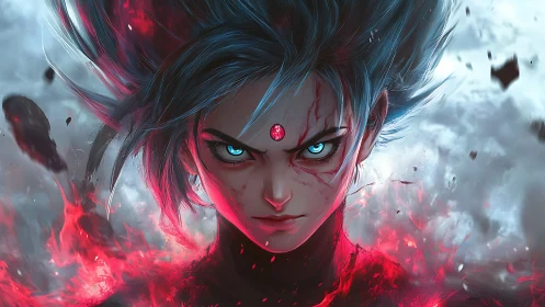 Storm‑eyed ember mage ignites a crimson psionic uprising.