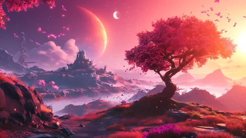 Alien valley landscape with pink tree and distant citadel.