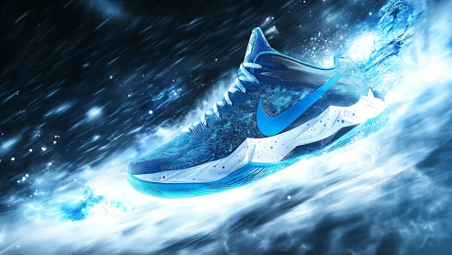 Dynamic blue sneaker rendering with explosive water energy.