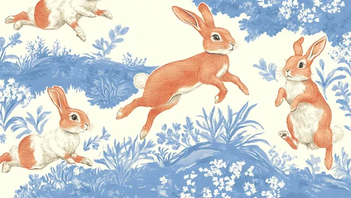 Leaping rabbits animate pastoral blue floral toile pattern.