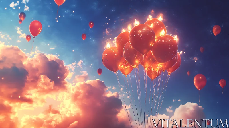 Glowing red balloons drifting gently through a dreamy sky.