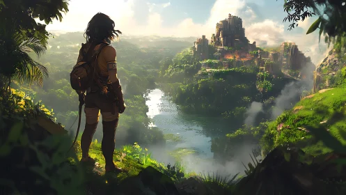 An eager explorer greets a sunlit jungle city at dawn