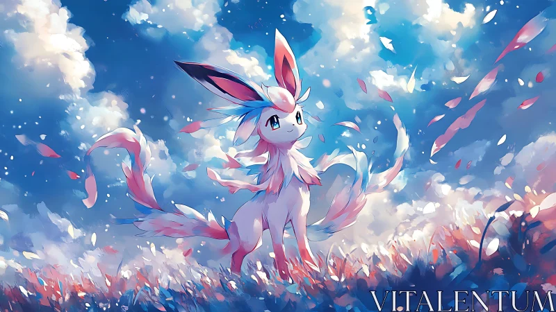 Pastel fox creature under swirling sky and petals.