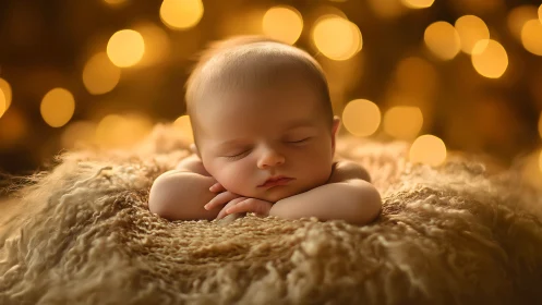 Sleeping Newborn Rests on Beige Blanket Amid Warm Bokeh
