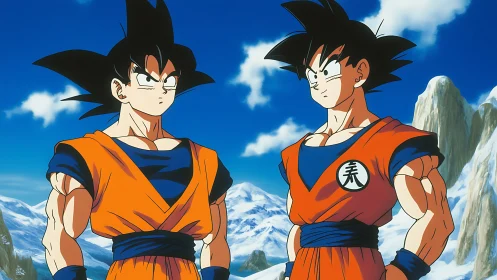 Twin martial heroes in orange gi before alpine snow peaks