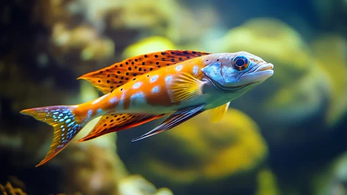 Tropical reef fish glides through blurred underwater corals.