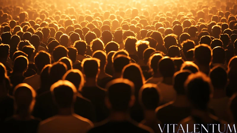 Golden evening crowd gathers together in warm glowing light