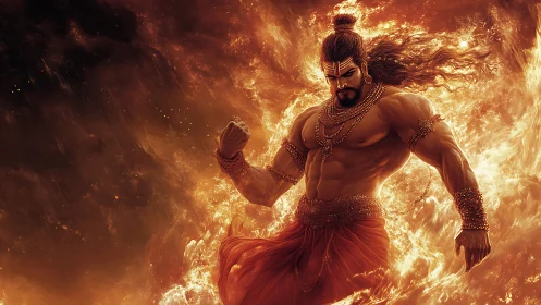 Mythic fire warrior in dynamic volumetric flame turbulence.