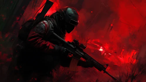 Midnight operator stalking through infernal crimson streets.