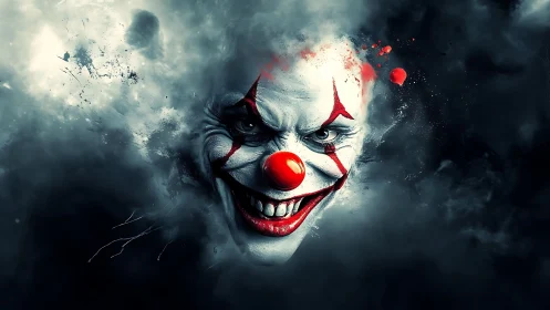 Nightmarish circus clown emerges from swirling dark mist