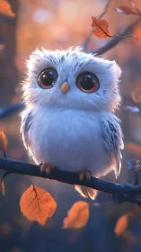 Wide-eyed baby owl glows softly in an enchanted forest dusk