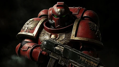 Heavily armored red space soldier holds rifle in darkness