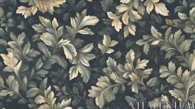 Muted botanical foliage pattern with layered vintage leaves.