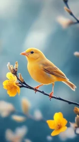 Golden songbird perches on blooming branch in soft focus.