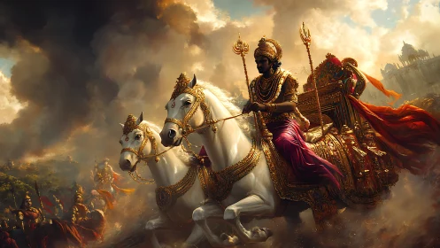 Armored charioteer drives ornate steeds through burning battlefield