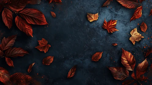 Autumn leaves glow against deep textured midnight blue background.