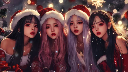 Glamorous quartet in festive Santa hats under glowing lights.