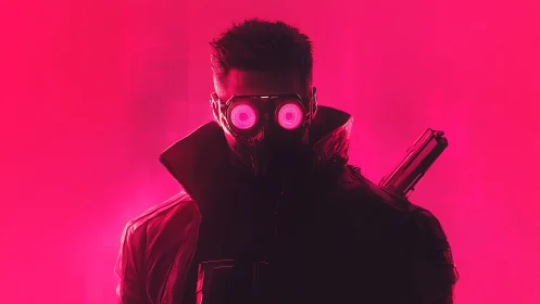 Neon-masked cyberpunk vigilante emerges from pink haze.