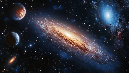 Spiral galaxy with nearby planets in dense star field.