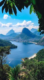 Sunlit tropical bay welcomes calm waters and green hills