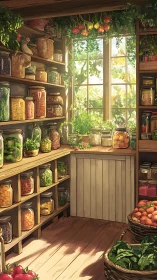 Pantry interior with preserved produce in glass jars.