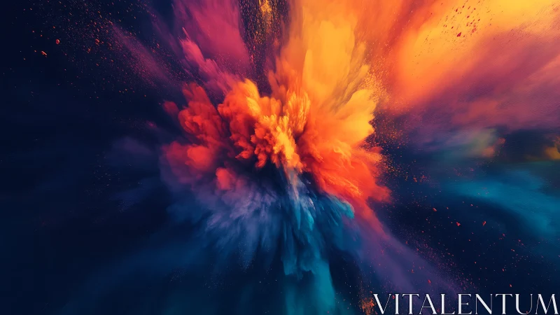 Vibrant orange and blue powder burst on dark space.