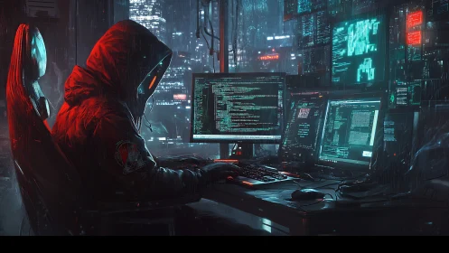 Hooded code alchemist reprograms the neon-soaked midnight grid