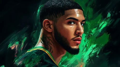 Digital portrait of athlete with green abstract backdrop.