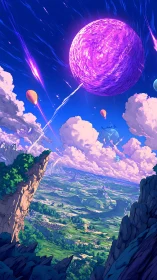 Vibrant alien sky with violet energy sphere over vast valley.