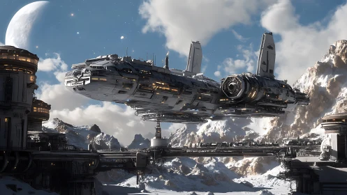 Orbital cargo vessel over snowy industrial outpost.