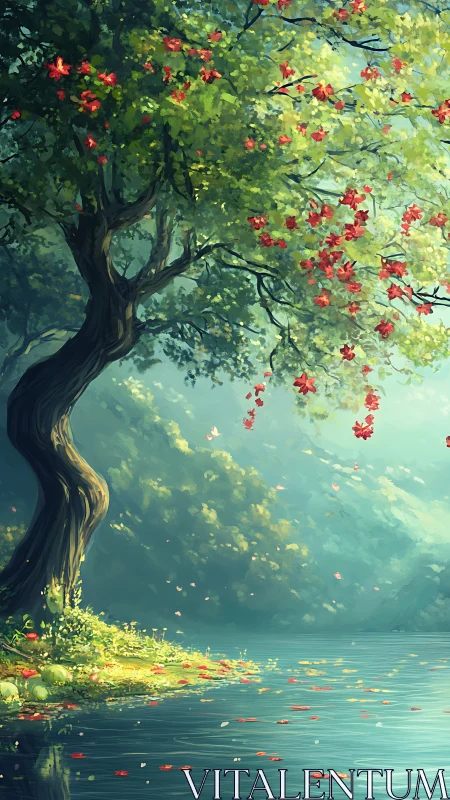 Sunlit riverside tree with drifting red blossoms at rest.