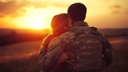 Military Romance at Golden Hour: Silhouetted Embrace.