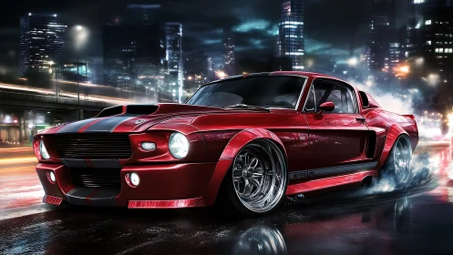 Midnight red muscle car cruising through neon city streets.