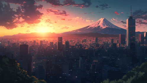 Sunset illuminates a dense cityscape beneath a distant mountain
