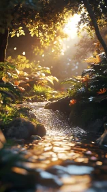 3D botanical streamscape with golden volumetric sunlight.