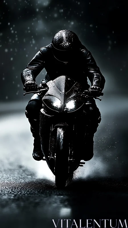 Motorcyclist riding on wet road in low light conditions.