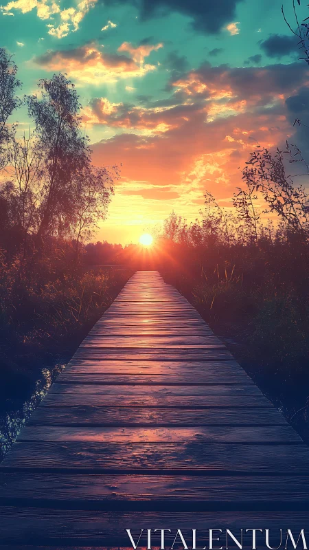 Sunset boardwalk stretches into glowing pastel horizon.