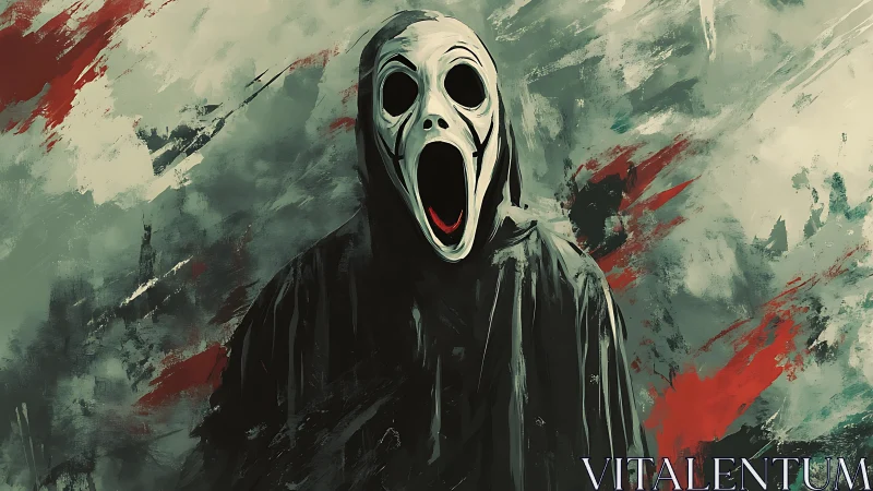 Hooded specter in scream mask dominates abstract horror scene