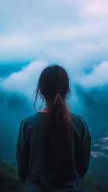 Person stands facing fog-covered valley in cool blue light