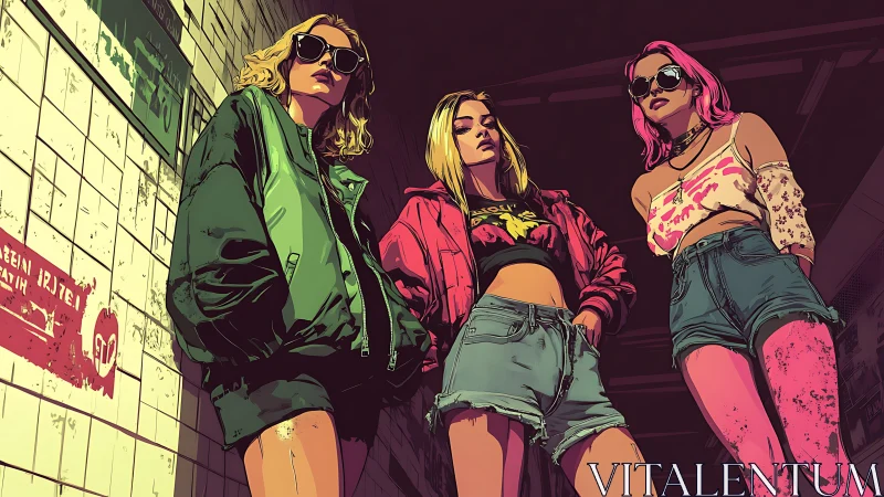 Three young women stand in stylized underground passage