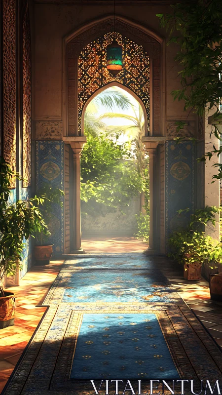 Sunlit courtyard archway with lush garden escape.