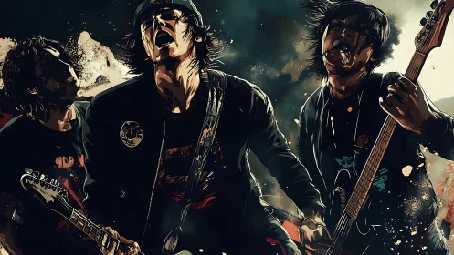 Electric rock trio performance in stylized digital artwork.