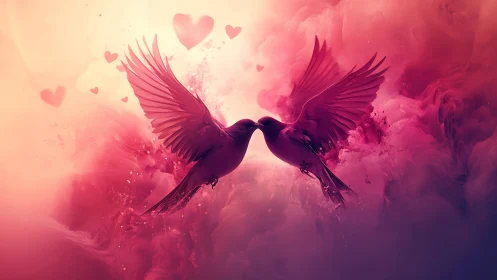 Two Birds Kissing in Pink Explosion of Watercolor