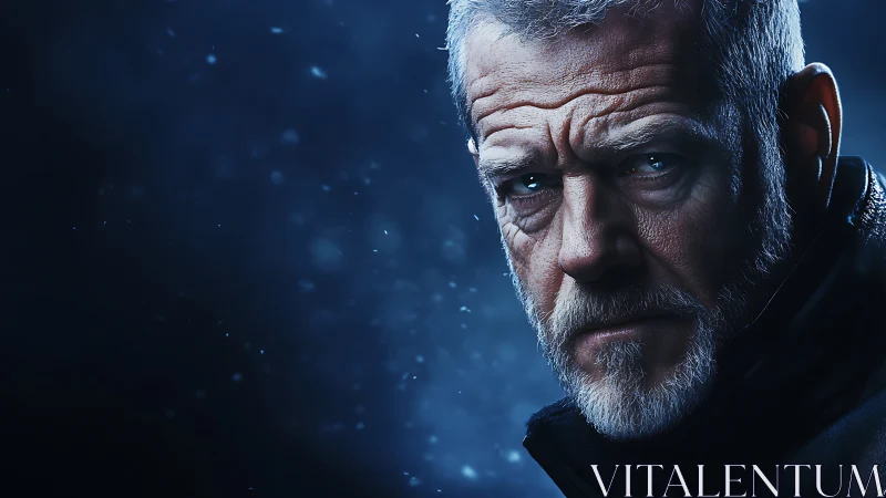 Brooding older man stares through cold blue atmospheric haze