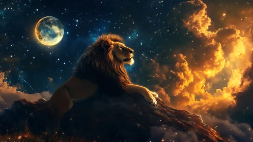Celestial lion rendered on rocky outcrop under luminous nebula sky
