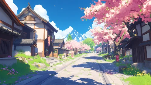 Quiet spring street under drifting cherry blossoms in bloom.